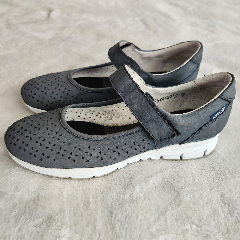 Mephisto Yelina Perf Mary Jane Comfort Walking Shoes 9 Blue Nubuck Soft Air
